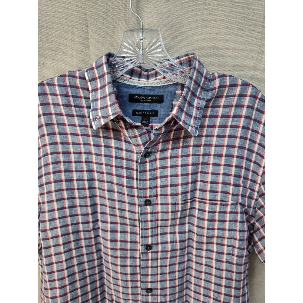 Banana Republic Camden‎ Fit Mens S 100% Linen Short Sleeve Plaid Shirt Red Blue